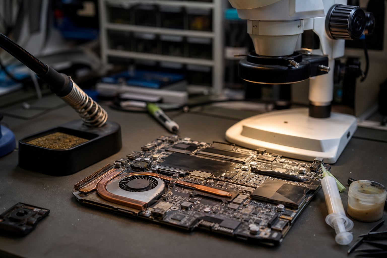 Laptop motherboard under a microscope