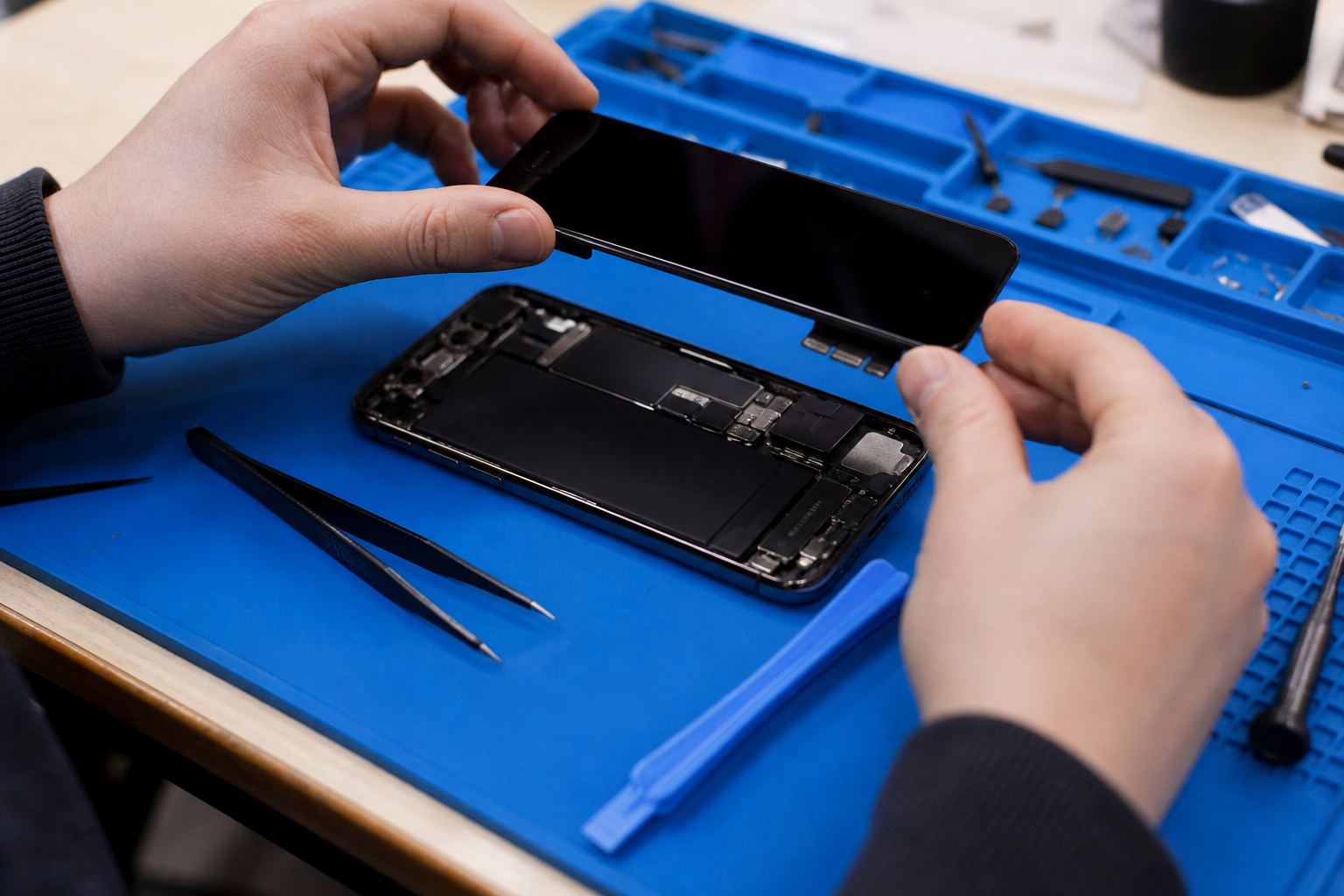 Phone opened on a repair mat for a screen job